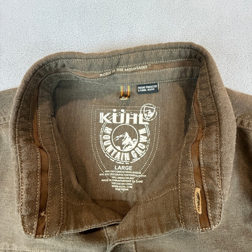 Kuhl Button Up Shirt Mens Large Olive Brown Herringbone Hiking Utility Outdoors - Picture 13 of 14